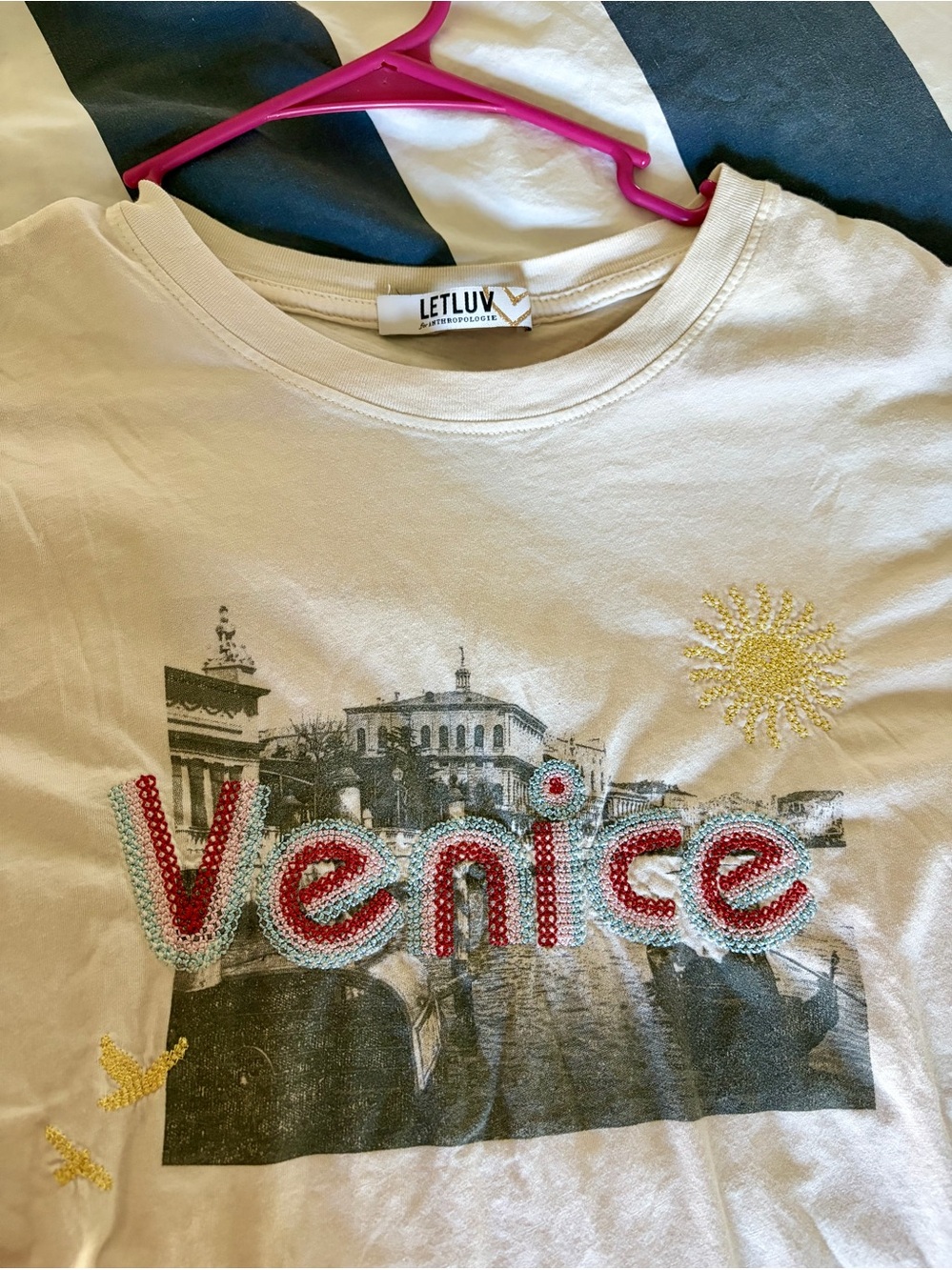 Letluv from Anthro Embroidered Graphic Tee - Cream with Red & Blue Accent. NWOT.